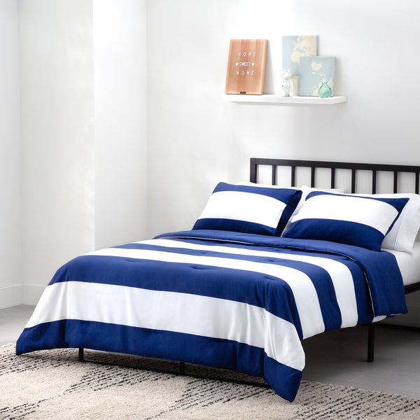 English Elm Linenspa Reversible Microfiber Comforter with Rugby Stripe Pattern, Hypoallergenic Down Alternative Fill Blue B350P326214