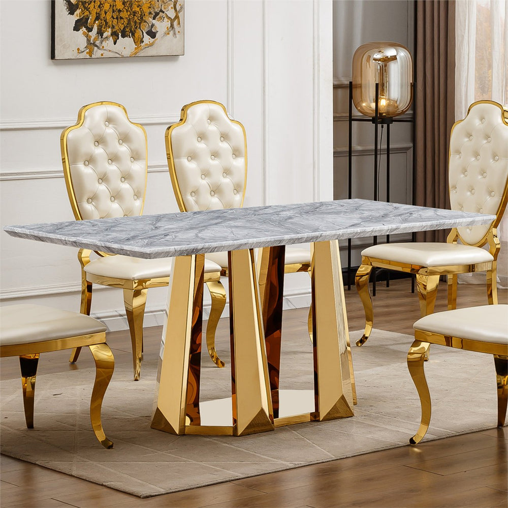 English Elm Marble Dining Table For 6 - Modern Faux Marble Rectangle Table With Gold Stainless Steel Base W3456S00041