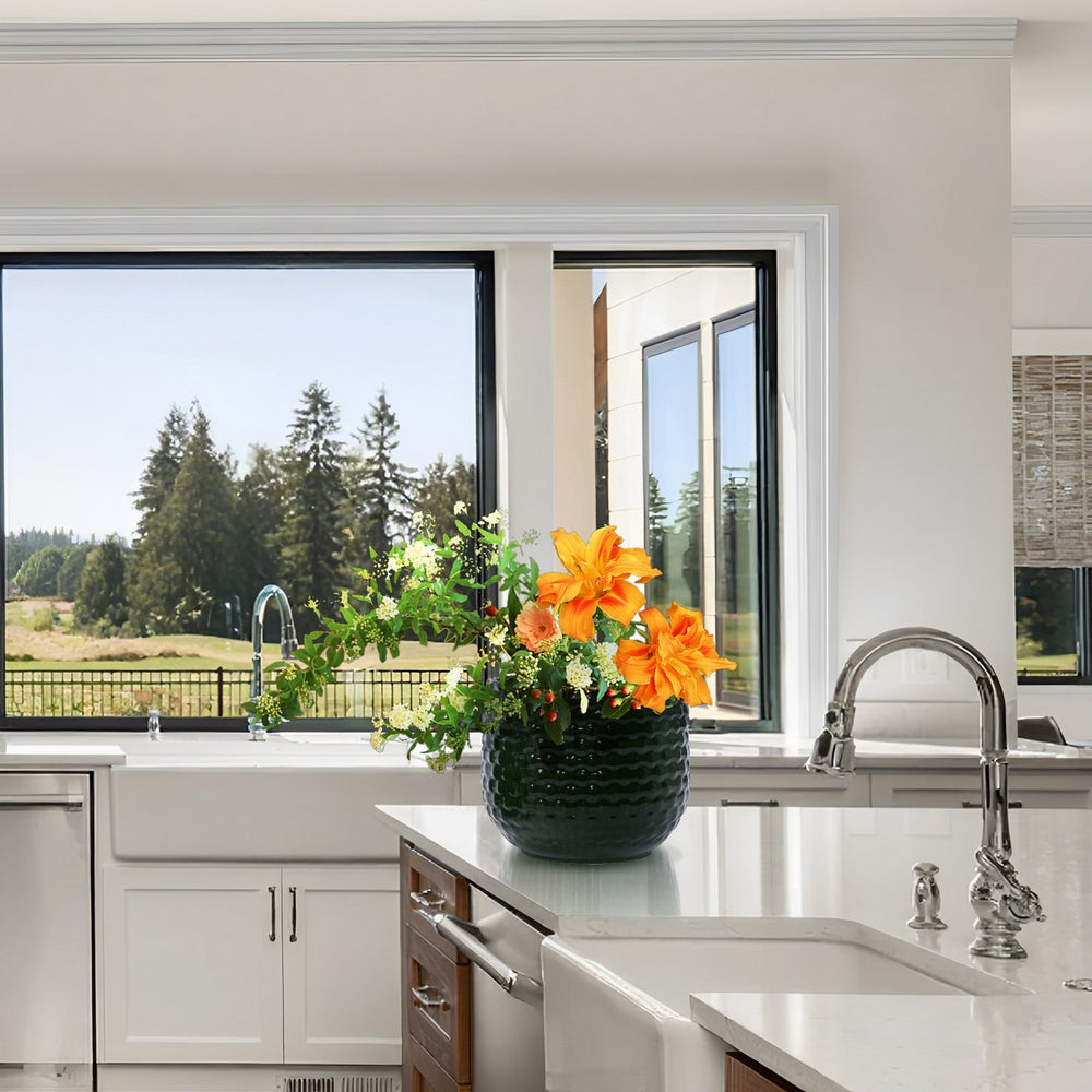 English Elm 3 Pieces Ceramic Flowerpot Set - Elegant Dark Green Planters For Garden, Patio & Indoor Spaces W3273P321559