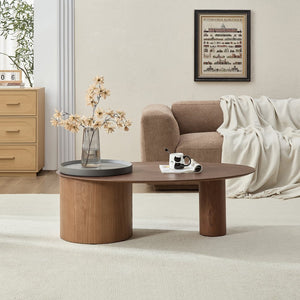 English Elm Modern Oval Ash Veneer Coffee Table with Hidden Storage for Minimalist Living Rooms Grey,Walnut W2085S00104