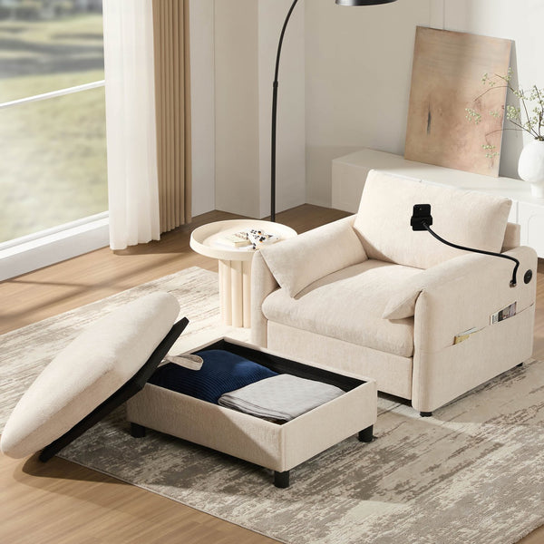 English Elm 37" Oversized Chenille Armchair with Ottoman Usb Charging Pocket Spring Living Room Beige N723P387145A