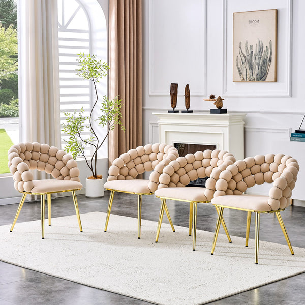 English Elm Set of 2 Velvet Bubble Back Dining Chairs with Sculptural Chain Backrest Glam Legs Beige,Gold W1512P491849