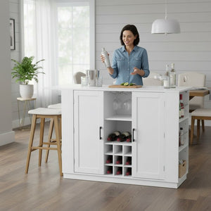 English Elm U_style Compact Kitchen Island with Drop Leaf Power Outlet Wine Rack Stemware Storage White N711P437715K