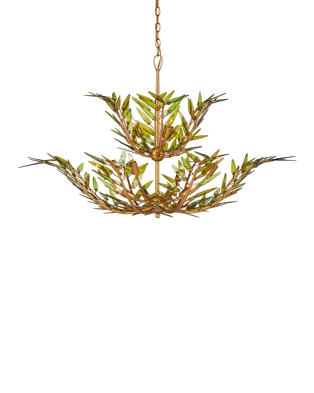 Currey & Company Babylon Chandelier - Elegant Bowl Design With Recycled Glass Leaves In Contemporary Gold Finish Green Recycled Bottle Glass ,Wrought Iron 9000-1310-currey-company