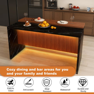 English Elm 63" Modern Kitchen Island with Black Marble-Look Surface, LED Ambient Lighting & Grille Accent Walnut+black W2699P365915
