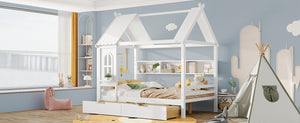 English Elm Full House Solid Wood Platform Bed with Window Roof, Under-Bed Drawers & Shelves for Kids' Rooms Light White W1580S00267