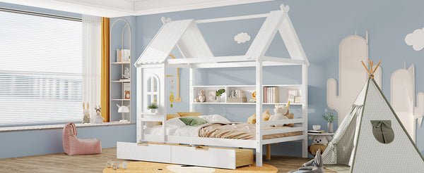 English Elm Full House Solid Wood Platform Bed with Window Roof, Under-Bed Drawers & Shelves for Kids' Rooms Light White W1580S00267