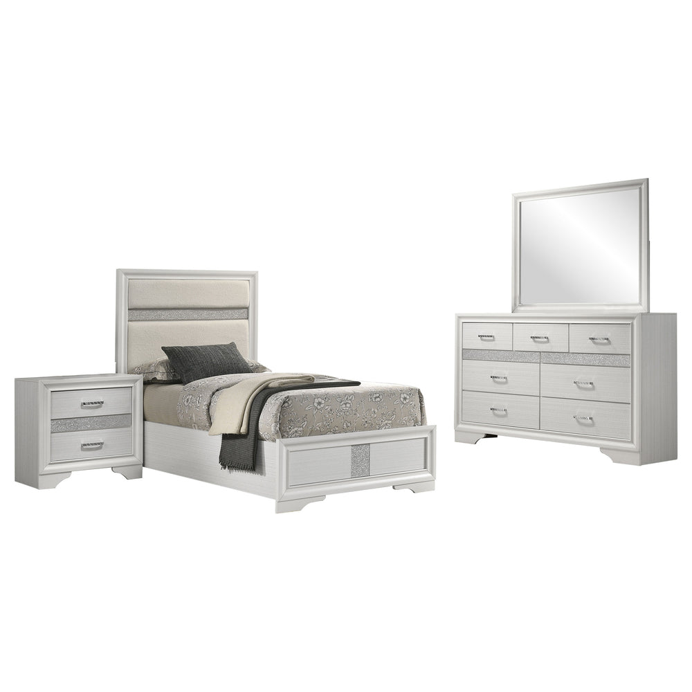 English Elm Annie Glam Twin Bedroom Set with Crystal Pulls Glitter Panels and Ivory Upholstered Bed B062S01760