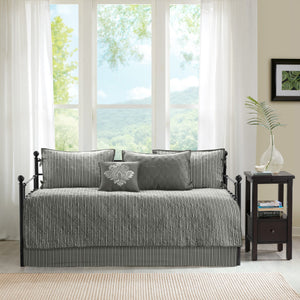JLA Home Madison Park - 6 Reversible Daybed Cover Set with Antimicrobial Protection, Quilted Texture, Striped Skirt & Pillow Dark Grey MP13-6458