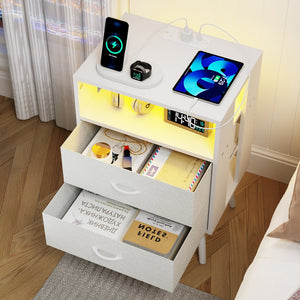 English Elm 2 Pack Modern Nightstand With Charging Station & Led Light - Stylish Fabric Drawers For Storage W1550P272169