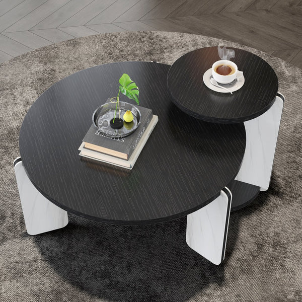 English Elm Set of 2 Round Sintered Stone Nesting Tables Sleek Modern Accent for Living Rooms W2899P405894