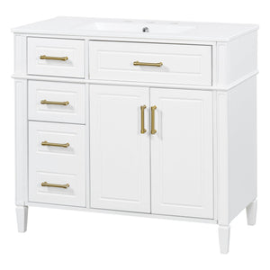 English Elm 36 Inch Freestanding Bathroom Vanity Sage Pine Cabinet Gold Hardware Ceramic Sink White N725P366466K