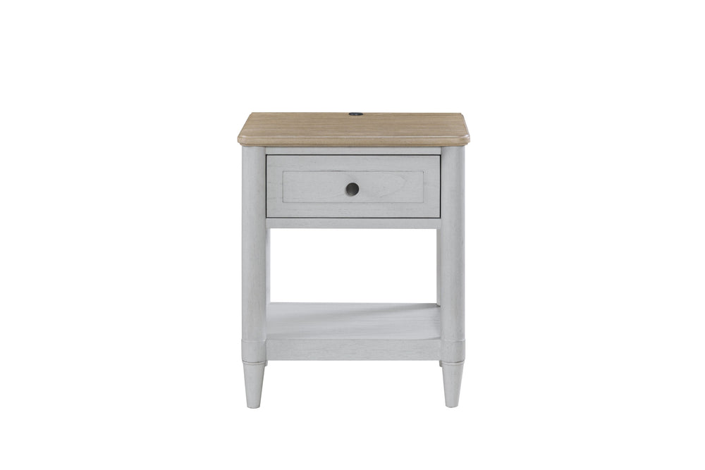 English Elm Small Teen Nightstand Cement & Sand Finish White Solid Wood Drawer USB Charging Open Shelf Modern Design — Compact Storage for Teens B2699P386482