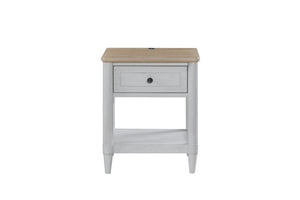 English Elm Small Teen Nightstand Cement & Sand Finish White Solid Wood Drawer USB Charging Open Shelf Modern Design — Compact Storage for Teens B2699P386482