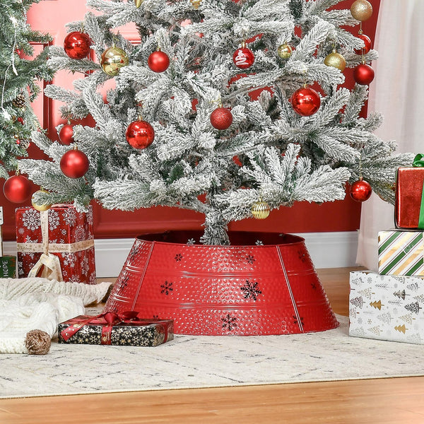 English Elm HOMCOM Steel Christmas Tree Collar Ring Skirt Cover for 7.5ft Trees, Durable Powder-Coated Guard, 26" x 9" Red W2225P229116
