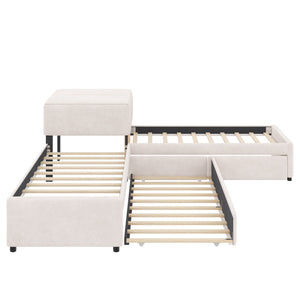 English Elm L-shaped Twin Platform Bed Set with Trundle Drawers and Center Table in Beige Linen GX000531AAA