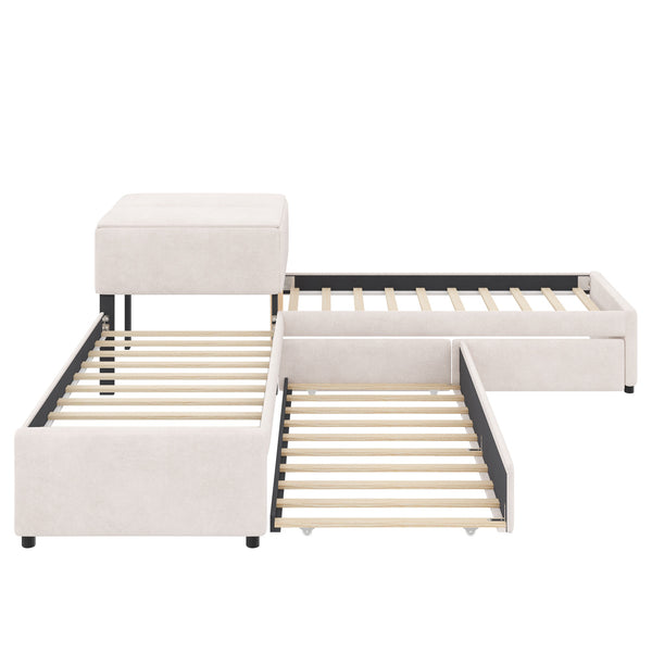 English Elm L-shaped Twin Platform Bed Set with Trundle Drawers and Center Table in Beige Linen GX000531AAA
