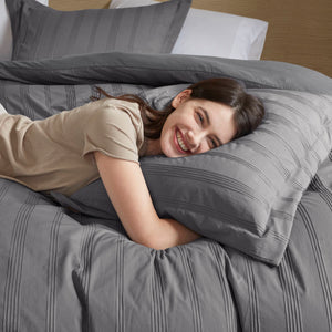 English Elm 7-piece Queen Comforter Set Woven Stripe Polyester Bedding for Neutral Minimalist Rooms Charcoal B035P463202