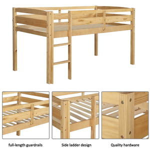 English Elm Twin Low Loft Bed Solid Pine Frame with Walnut Finish and Open Floor Space Below N708P340482D