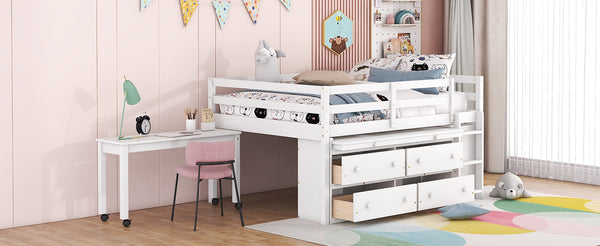 English Elm Full Size Kids Loft Bed Pinewood Frame Dual Study Desks Drawers and Open Shelving White LT000369AAK