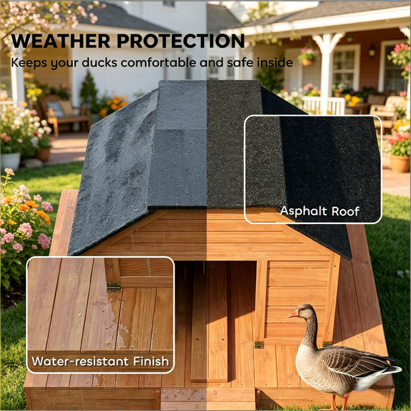 English Elm Poultry Floating Fir Wood Duck House with Asphalt Roof Ramp and Dual Ventilation Doors T3971P501996