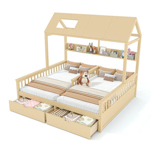English Elm Double Twin House Bed Pine Wood Frame Kids Playhouse Bunk with Storage Drawers Natural W5305S00007