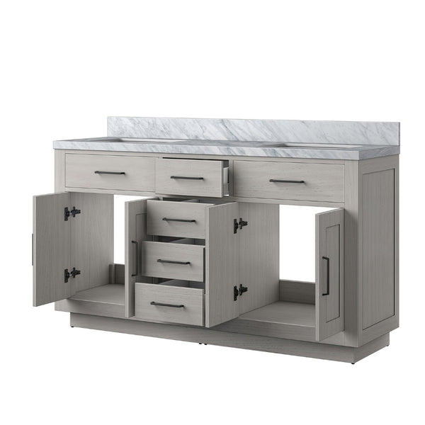 English Elm White Oak Double Bath Vanity 60" W X 22" D With Luxurious Carrara Marble Top – Fully Assembled Elegance B2731P257756-GIGA