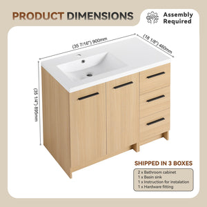 English Elm 36" Floating Bathroom Vanity Light Oak Modular Cabinet with Gel Coat Integrated Sink W3450S00098