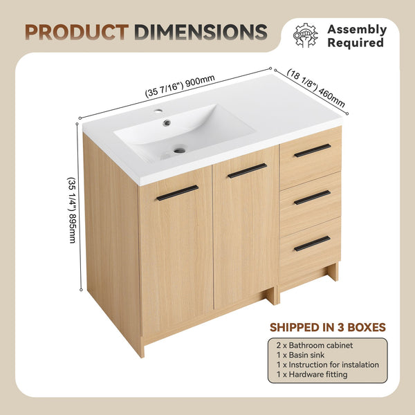 English Elm 36" Floating Bathroom Vanity Light Oak Modular Cabinet with Gel Coat Integrated Sink W3450S00098