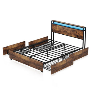 English Elm Full Bed Frame with Storage Headboard, USB Charging, RGB LED Lights, 4 Drawers, Sturdy Metal Design W2129P192350