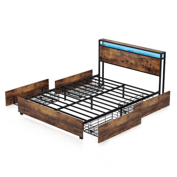 English Elm Full Bed Frame with Storage Headboard, USB Charging, RGB LED Lights, 4 Drawers, Sturdy Metal Design W2129P192350