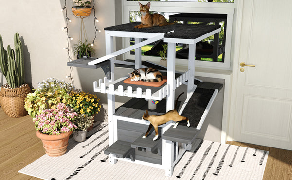 English Elm 4 Tier Outdoor Pine Cat Tower with Waterproof Roof Enclosed Den and Balcony Perch Grey,White N704P436318K