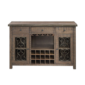 English Elm Raphaela Weathered Cherry Server with 15-Bottle Wine Rack, 4-Cup Holder, Drawers & Shelves - Rustic Elegance B2726P256328