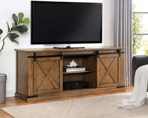 English Elm Rustic 72" TV Console with Sliding Barn Doors, X-Design Metal Accents, Open Shelves, Dark Oak Finish B2741P361884