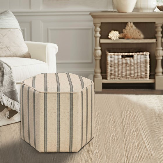 English Elm Ellen Hexagonal Accent Ottoman with Neutral Striped Upholstery, Farmhouse Chic, Solid Frame B03548964