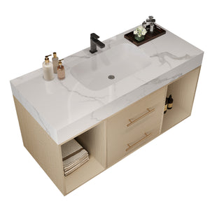 English Elm 39.4 Inch Floating Bathroom Vanity Sintered Stone Top Solid Wood 2 Soft Close Drawers W3136S00030