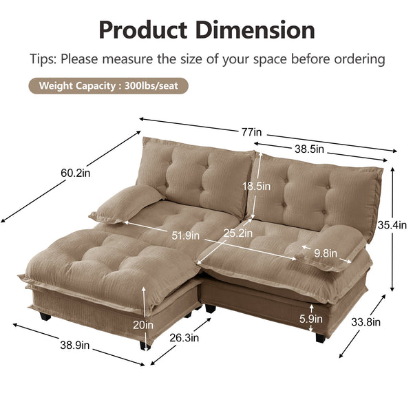 English Elm 77" Modular Cloud Sectional Chenille Couch Deep Lounge Seat with Ottoman for Living Room Light Coffee W714S01692