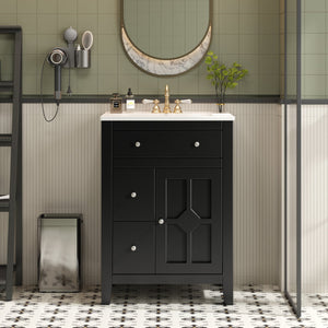 English Elm 24" Modern Bathroom Vanity with Ceramic Basin, French Country Cross-Grid Design & Soft-Close Drawers Black N710P280655B