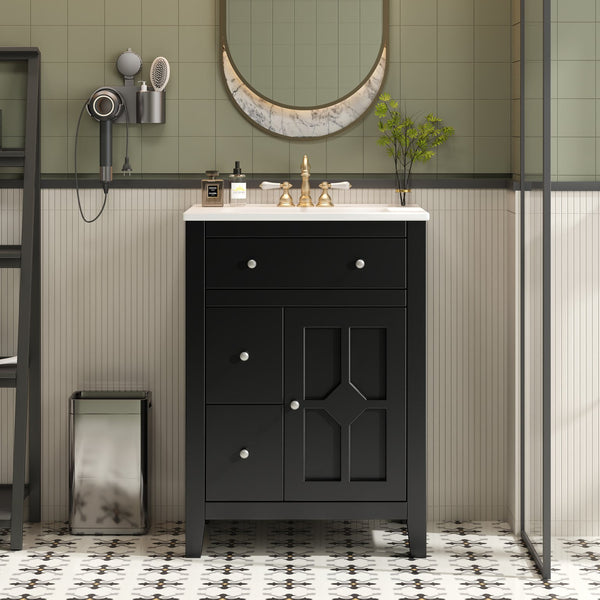English Elm 24" Modern Bathroom Vanity with Ceramic Basin, French Country Cross-Grid Design & Soft-Close Drawers Black N710P280655B