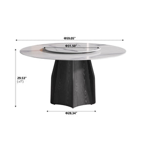 English Elm 59.05" Round Marble Dining Table With Black Oak Base & White Turntable - Seats 6-8, Stylish & Durable W1535S00386