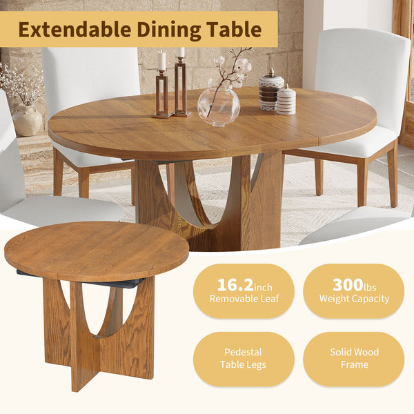 English Elm Topmax Extendable Round Dining Set with Linen Chairs and Pedestal Base Seats Five Walnut N717S000062D