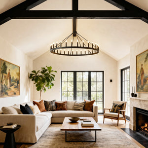 English Elm 53.15 Inch Wagon Wheel Chandelier Matte Black 18 Light Farmhouse Industrial Large Room W5008P388956