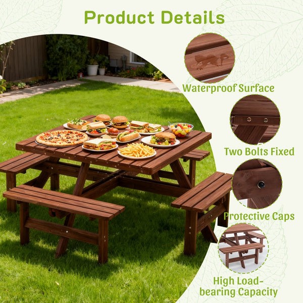 English Elm 8-person Square Wood Picnic Table with Umbrella Hole Reinforced Outdoor Dining Set W1422P392906