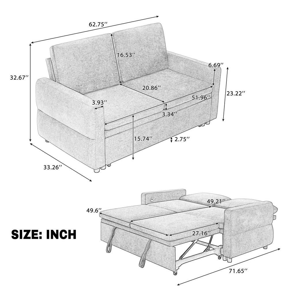 English Elm Convertible Chenille Sleeper Loveseat with Usb Ports and Reclining Backrest for Small Spaces Grey N719P390439E