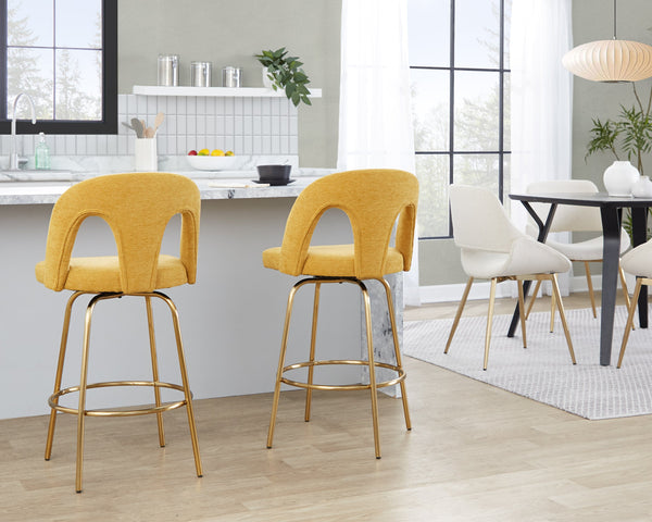 English Elm Fixed-height Swivel Counterstools with White Upholstery Gold Footrest Set of 2 Yellow B202S01783