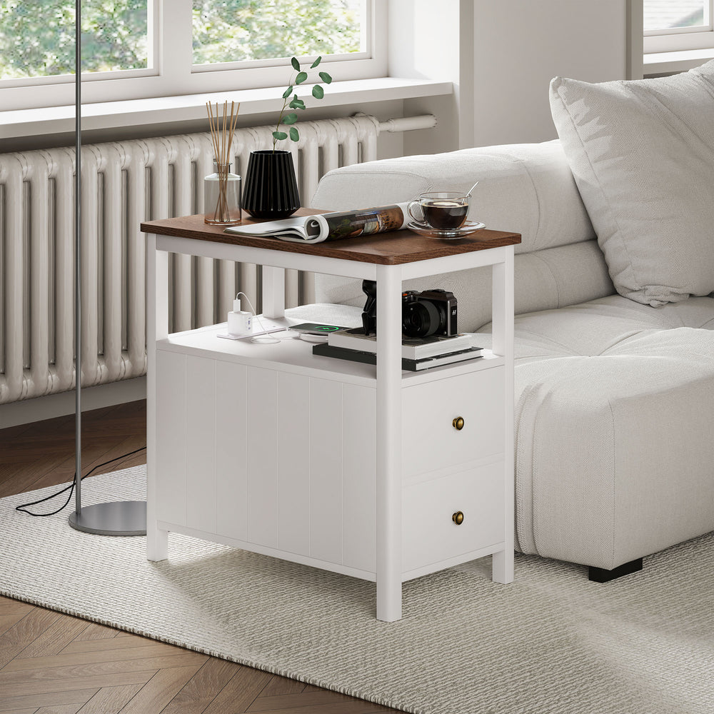English Elm HOMCOM Narrow End Table with Charging Station, 2 Outlets & USB, 2 Drawers Shelf, Modern White W2225P249995