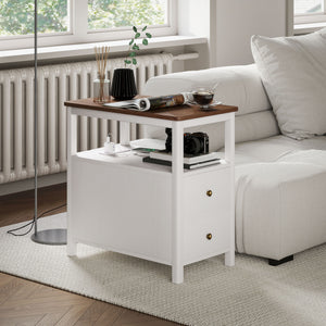 English Elm HOMCOM Narrow End Table with Charging Station, 2 Outlets & USB, 2 Drawers Shelf, Modern White W2225P249995