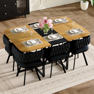 English Elm 7-piece Rectangular Dining Set Faux Marble Velvet Chairs Modern Apartment Table Black,Wood W3875S00130