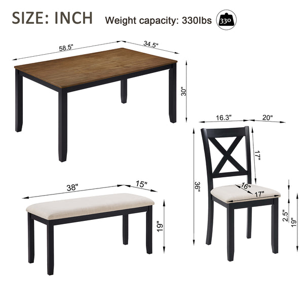 English Elm 6-Piece Timeless Farmhouse Dining Set With Bench, Black & Oak Finish, Comfort For 6 Guests W1998S00083