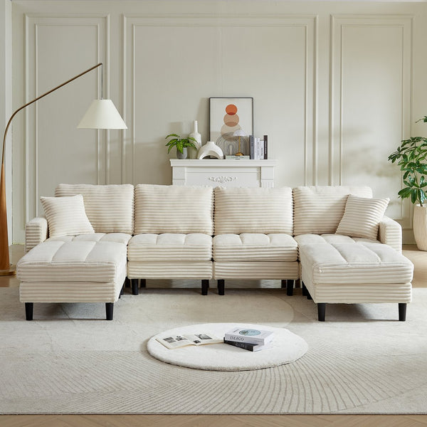 English Elm 122.5-Inch Oversized U-Shaped Modular Sofa Corduroy Sectional with Double Chaise, Ottoman, Pillows and Plastic Legs Beige W1193S00122